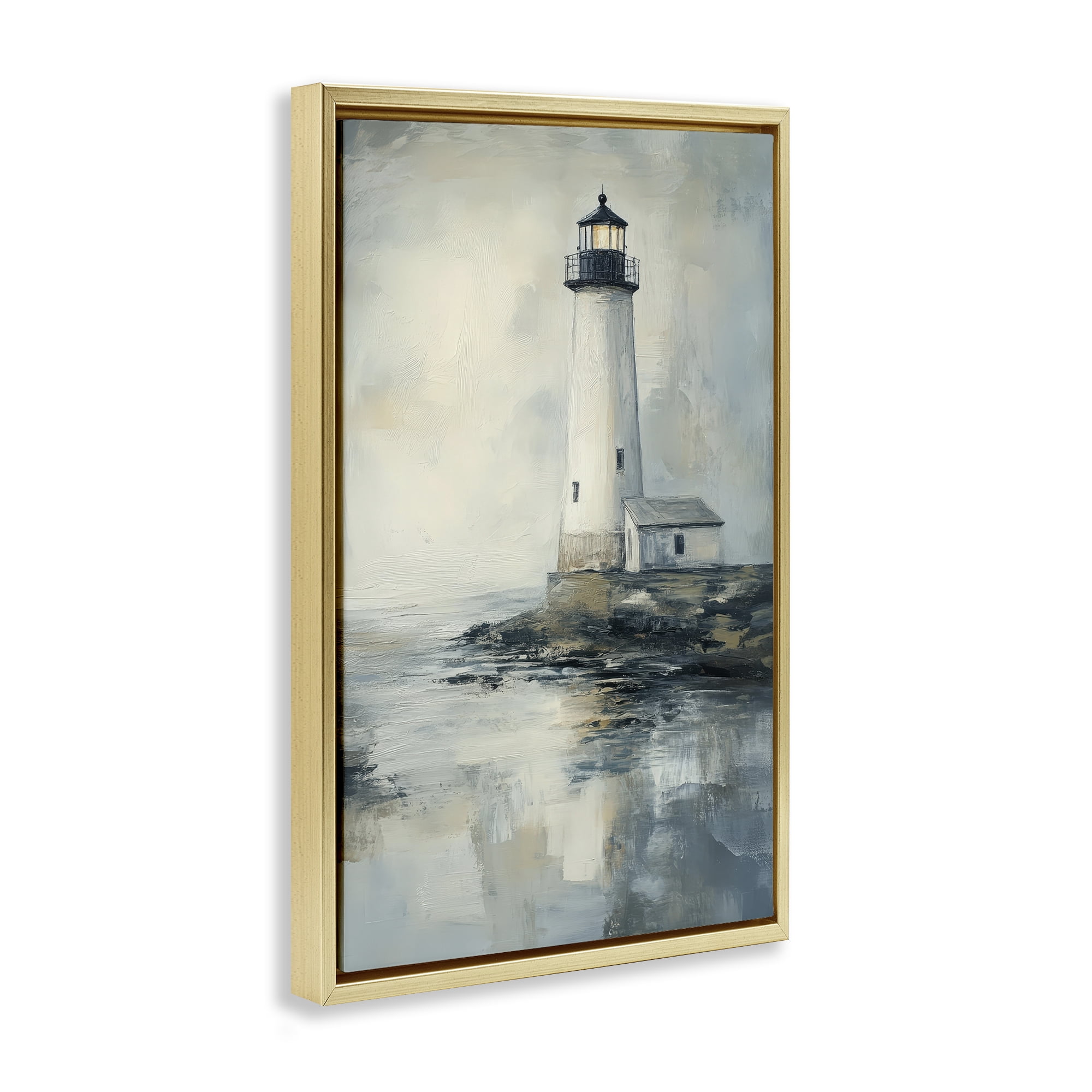 Stupell Industries Moody Lighthouse Reflecting Gold Framed Floater Canvas Wall Art, design by Petal Prints Design