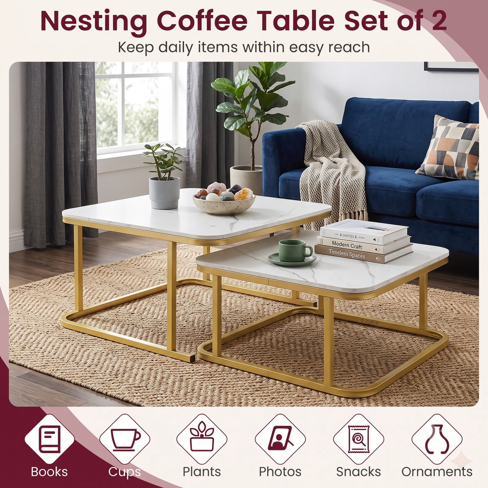 Furnibear Nesting Coffee Table Set of 2, Faux Marble Top Round-Corner Cocktail Tables with Powder-Coated Metal Frame, Stackable Space-Saving Side End, White & Gold