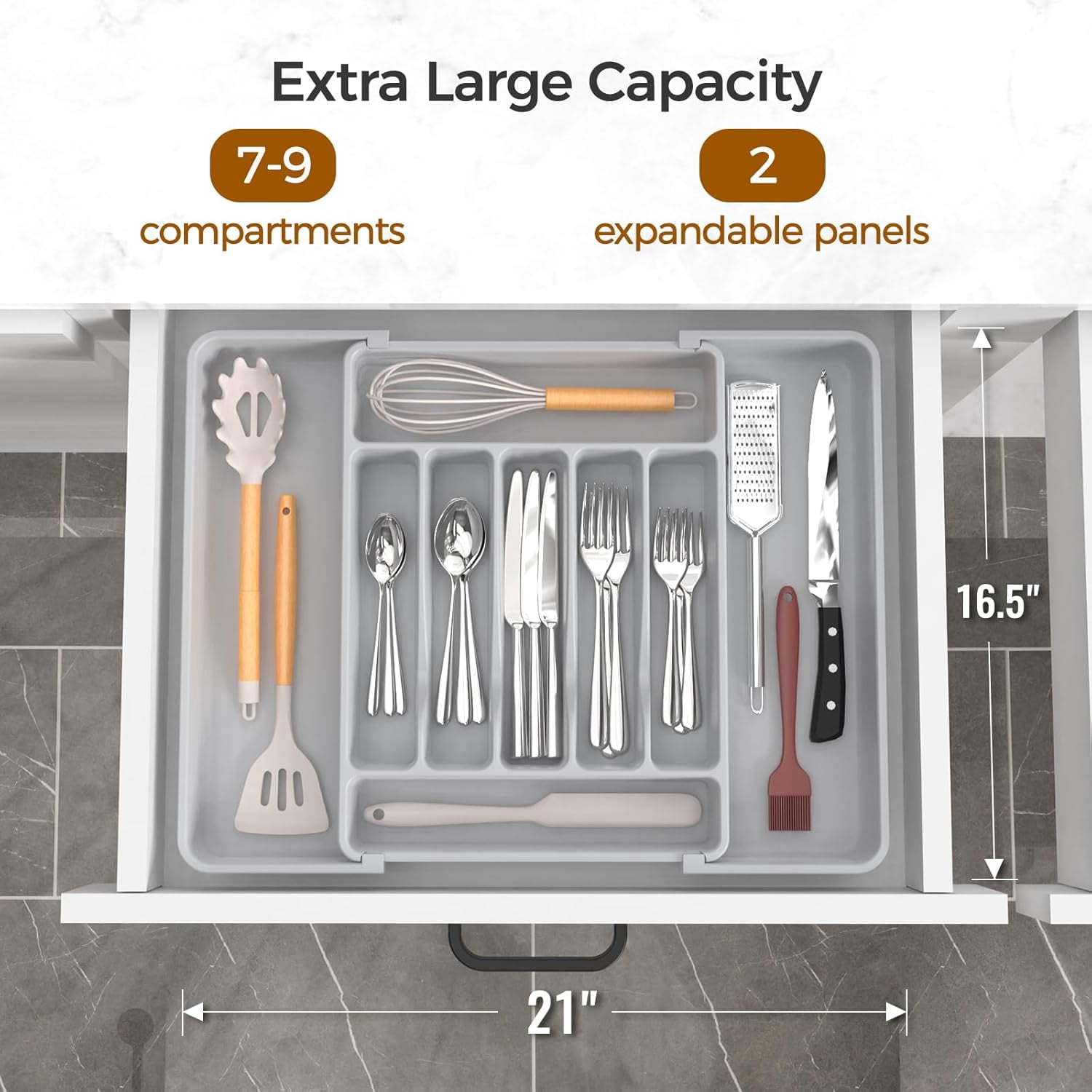 Extra Large Expandable , BPA-Free Food-Safe Cutlery Flatware Organizer, Kitchen Utensil Drawer Organizer, Adjustable Silverware Holder for Spoons Forks Knives, Gray