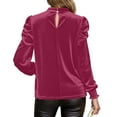 thumbnail image 4 of XPMWRP Womens Mock Neck Puff Long Sleeve Velvet Pullover Tops Fall Solid Trendy Dressy Casual Elegant Shirts Blouse Hot Pink M, 4 of 8