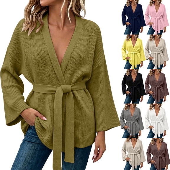 LNWUY Womens Belted Wrap Sweater Cardigan, Oversized V Neck Knit Coat, Solid Color Open Front Fall Winter Jacket Outerwear Pink Free Size