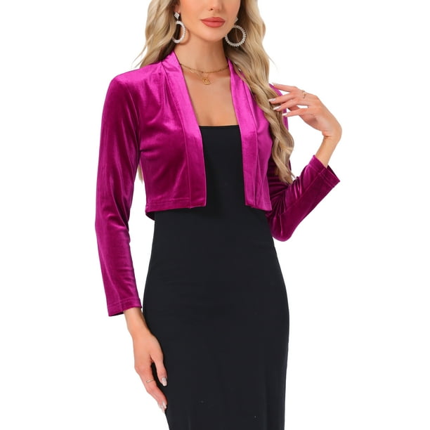 Inspire Chic Chaquetas de terciopelo para mujer, cárdigan de manga larga, frente abierto, chaqueta bolero corta S color rosa intenso