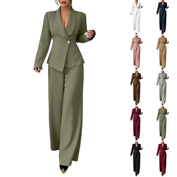 Womens Two Piece Outfit Long Sleeve Breasted Blazer High Waist Straight Leg Pants formal Business Suit Army Green XL(XL)