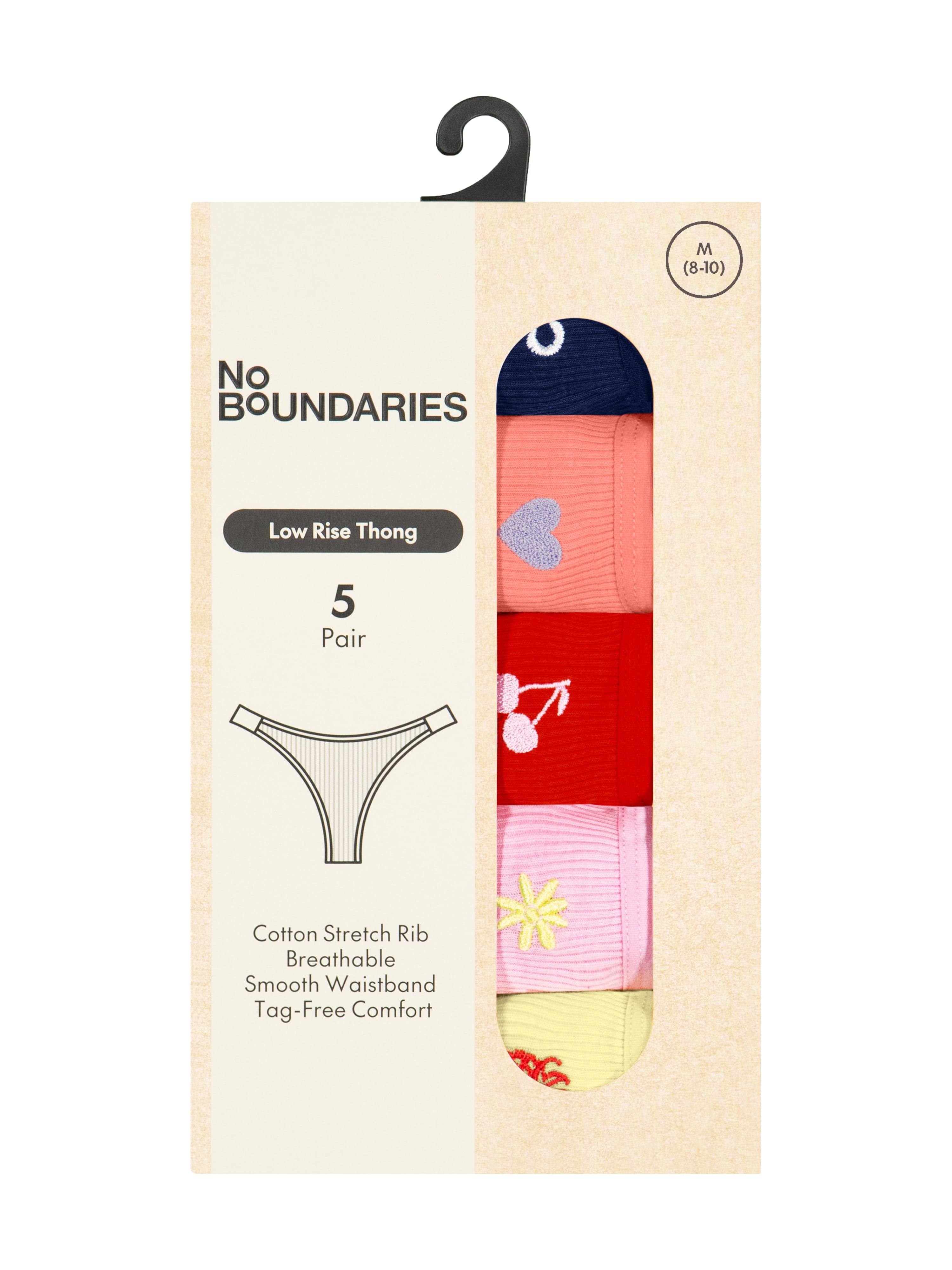 No Boundaries Cotton Stretch Ribbed Thong Panties, 5-Pack, Women’s