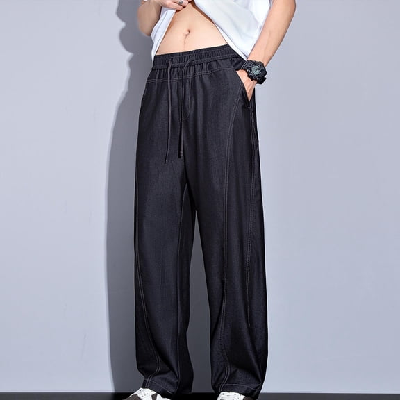 Mifsaly Men Lightweight Denim Style Pants Elastic Waist Drawstring Wide Leg Casual Summer Trousers Soft Breathable Loose Fit Lounge Pant with Pockets 2026 L