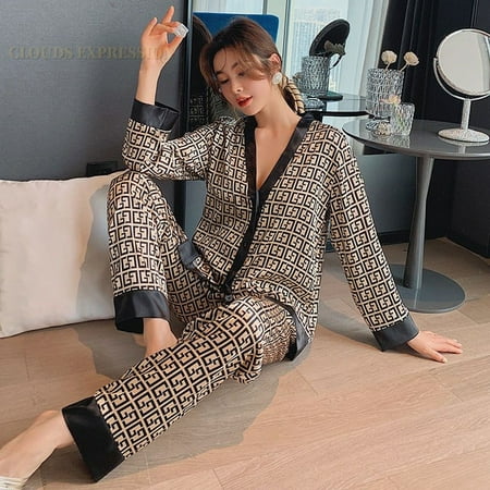

QWZNDZGR Spring Summer Ladies Faux Silk Polyester Pajama Sets Sexy Women s Homewear Casual Luxury Pajamas Plaid Pajamas Female Sleepwear