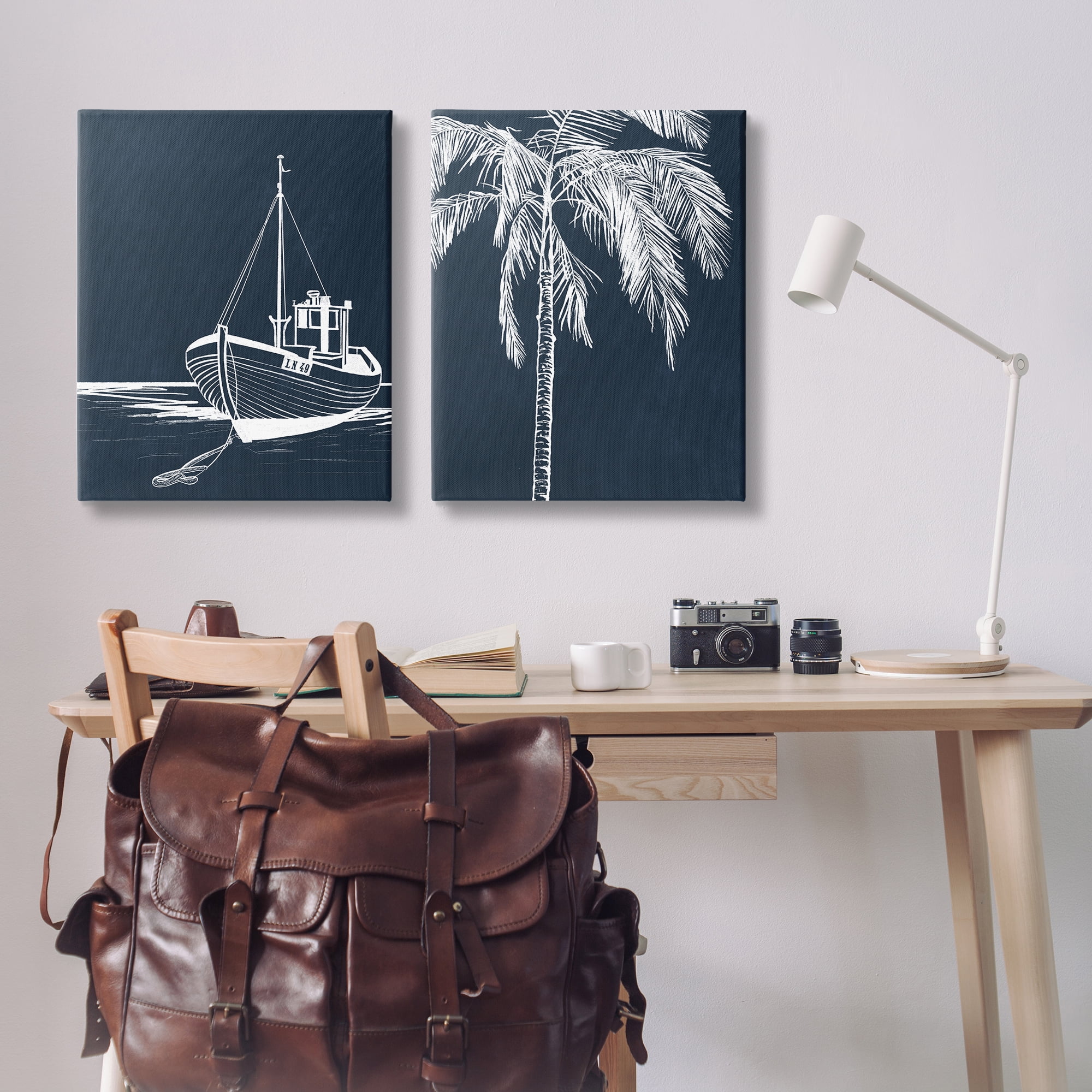 Stupell Industries Blue Boat & Palm Transportation Painting Wrapped Canvas Art Print Wall Art, 24 x 30, Set of 2