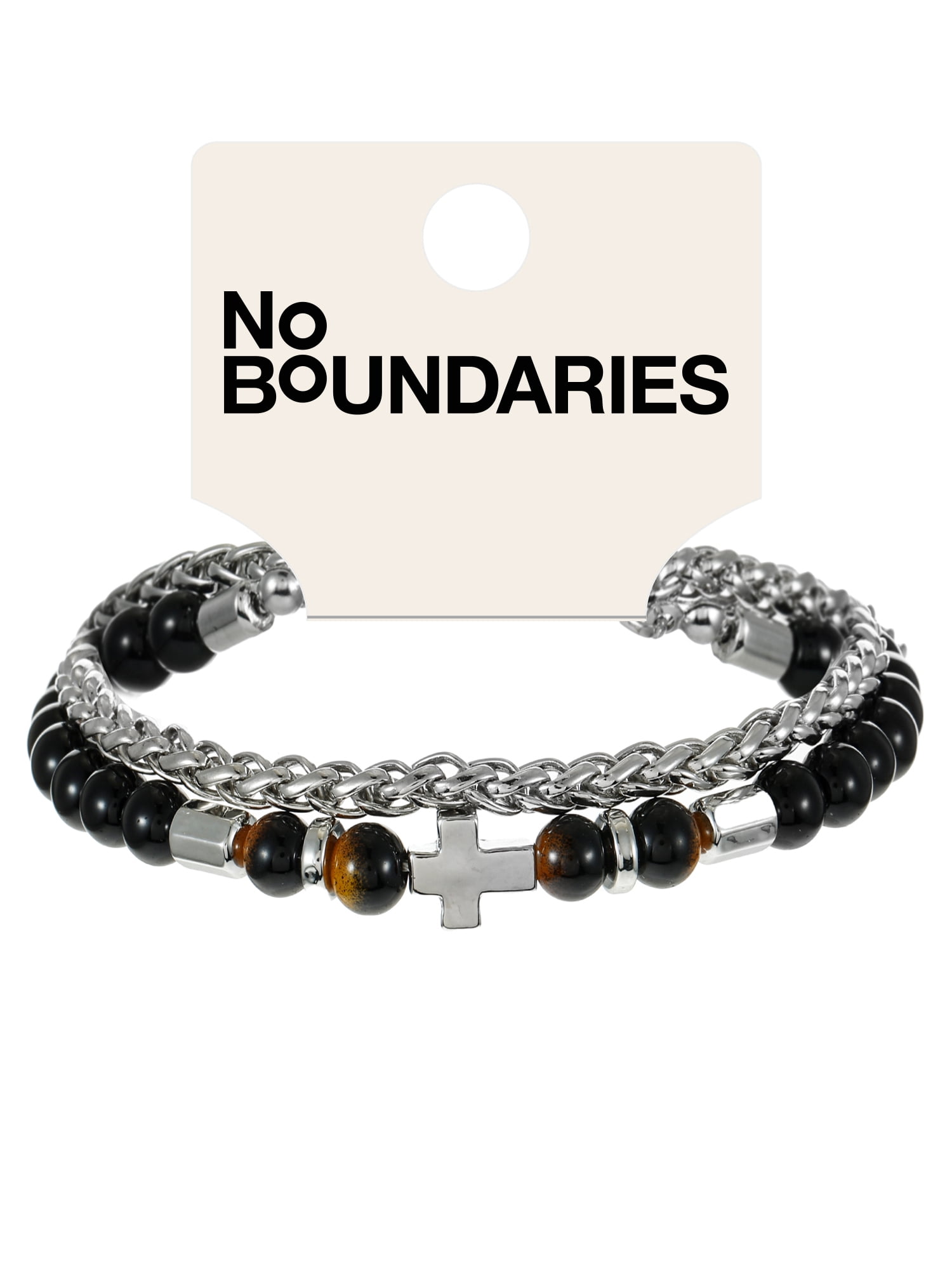 No Boundaries Men's Beaded Cross Bracelet, Black and Silver, 1 Pack