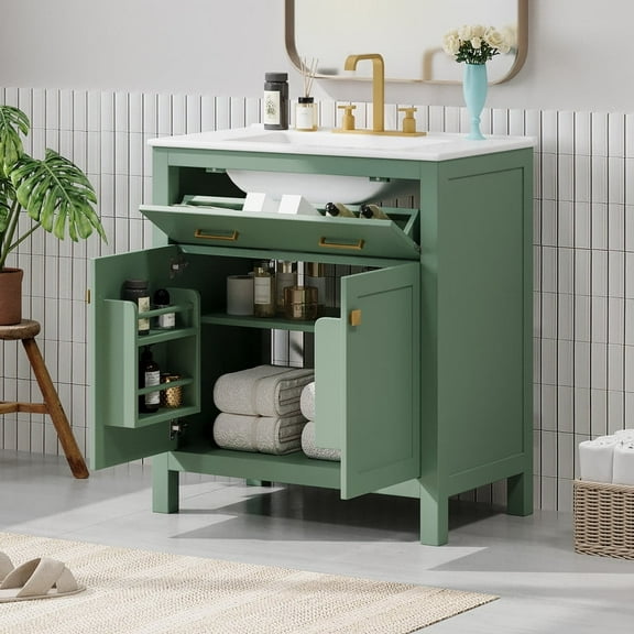 Duxelifin 30" Freestanding Bathroom Vanity with Single Sink, Green Bathroom Vanity Cabinet with Storage, Vanity with Ceramic Top, Flip-Out Drawer & Soft-Close Doors
