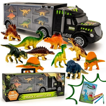 Toyvelt Dinosaur Toys for Kids 3-5 - Dinosaur Truck Carrier Toy with 15 Dinosaur -The Best Dinosaur Toys for Boys and Girls Ages 3 4 5  Years Old and Up + Bonus Dinosaur Book Incl