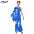 thumbnail image 2 of Mono de gimnasia con mangas acampanadas para niñas, mono de un hombro y campana metálico brillante, trajes de ballet y danza jazz, 2 of 5