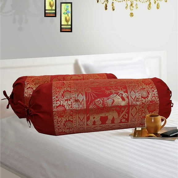 Stylo Culture Indian Polydupion Cylindrical Hotdog Pillow Bolster Pillow Covers Maroon Jacquard Brocade Border Elephant Large Settee Cylinder Cushion Covers (Set of 2) | 30x15 Inches (76x38 cm)