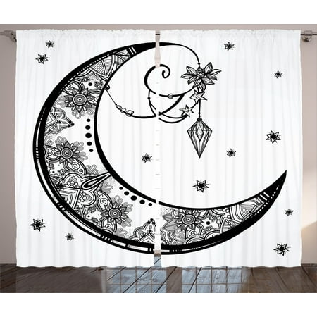 - Tribal Curtains 2 Panels Set, Paisley Floral Moon Crescent Gem Figures Ethnic Astrology Inspired Design Print, Window Drapes for Living Room Bedroom, 108W X 63L Inches, Black and White, by Ambesonne