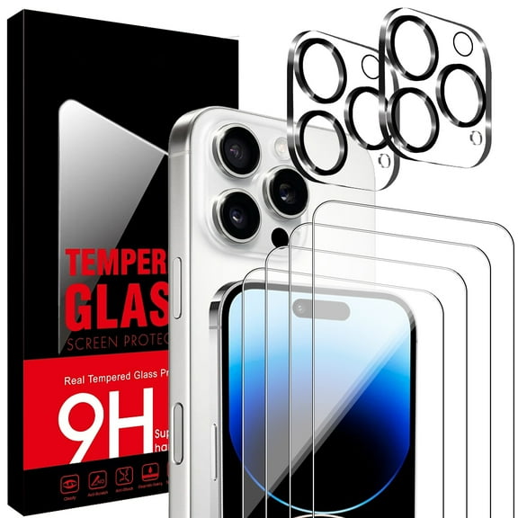 4 Pack Tempered Glass Screen Protector for iPhone 15 Pro Max   2 Pack Camera Lens Protector,9H Tempered Glass,HD Tempered Glass, drop-proof, scratch-proof, anti-fingerprint