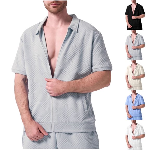 SGFCWSX Mens Textured Zip Up Shirt Short Sleeve, Camp Collar Lightweight Breathable Summer Casual Beach Wear Gray Size 2XL