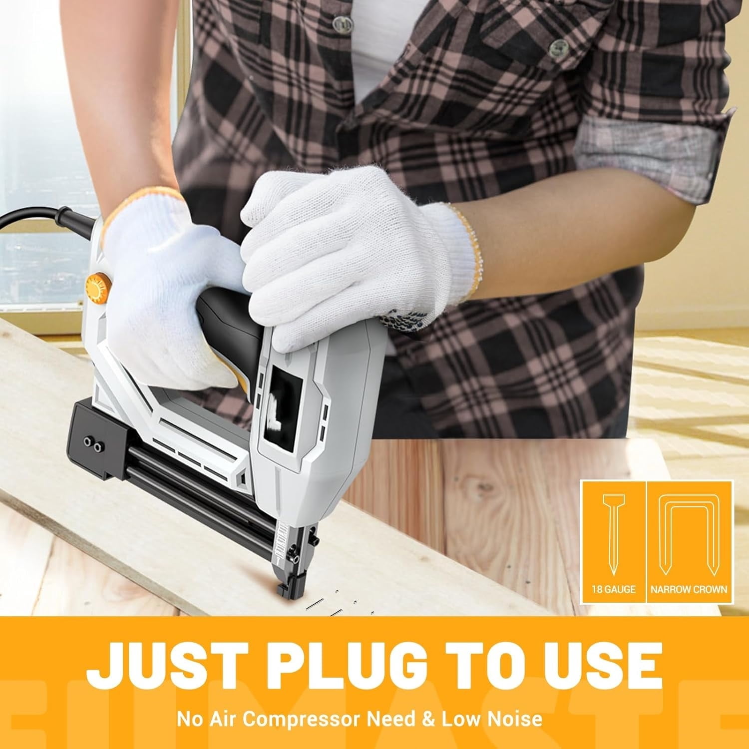 2-in-1 electric nail gun, size 18 heavy-duty nail gun, 120V, suitable for indoor decoration, woodworking DIY， Comes with 200 3/4 inch narrow crown nails and 800 nails.