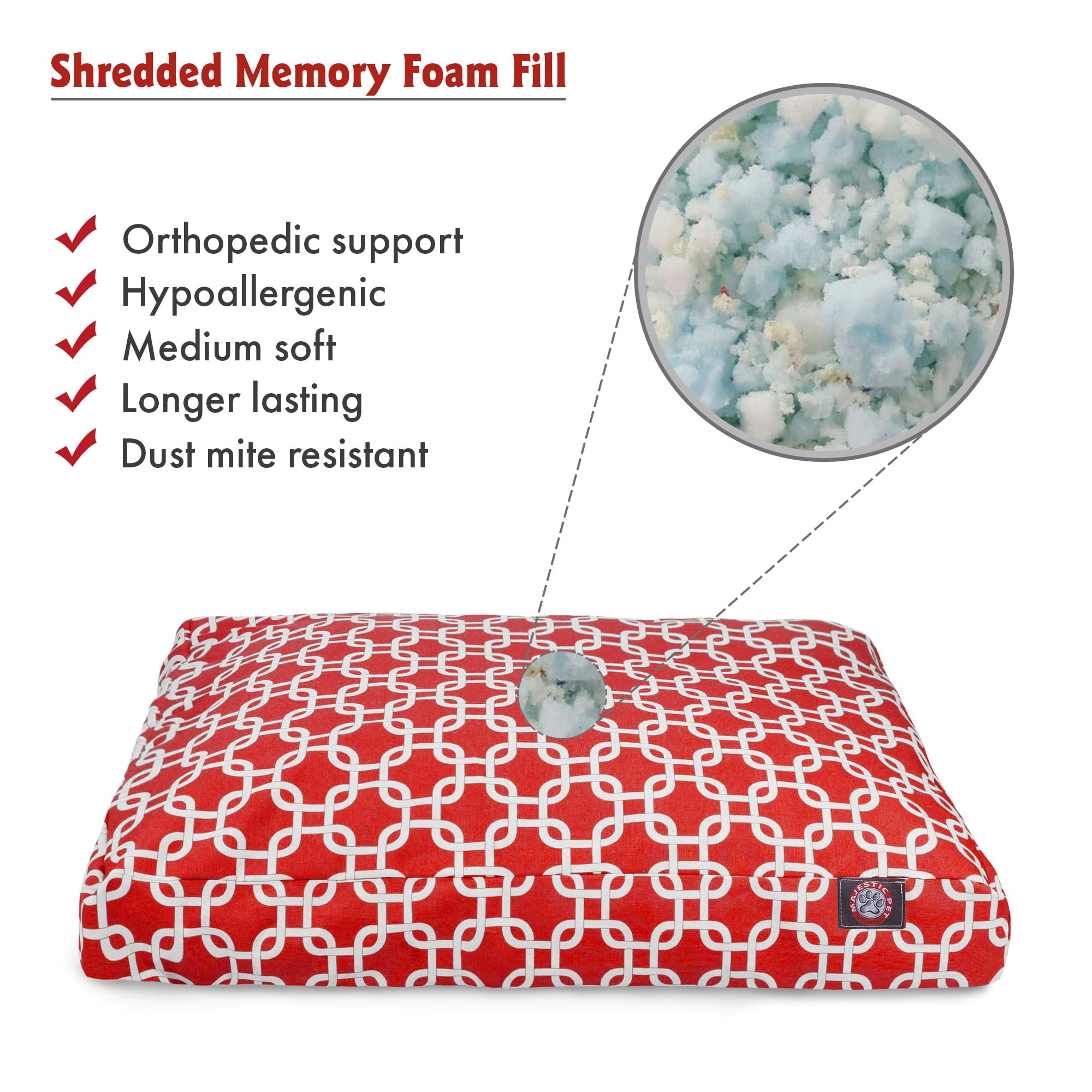 Majestic Pet | Links Shredded Memory Foam Rectangle Pet Bed For Dogs, Removable Cover, Red, Large