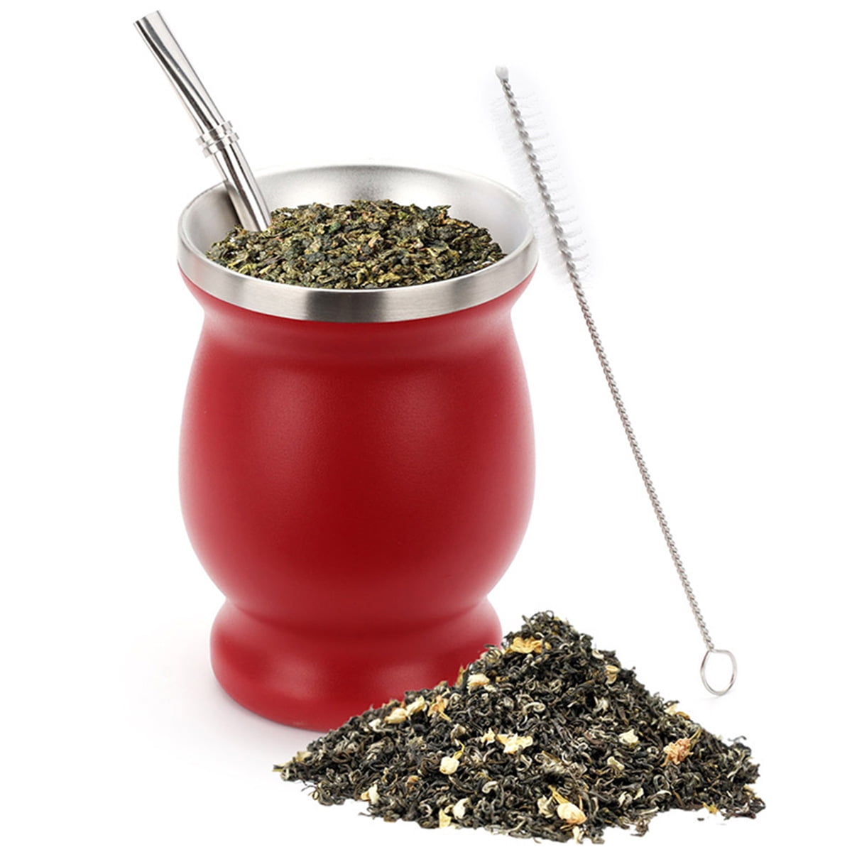Novomates New Yerba Mate Gourd 8oz (237ml) - Best Yerba Mate Set - Double Wall Stainless Steel Yerba Mate Cup with Stainless Steel Mate Bombilla Straw