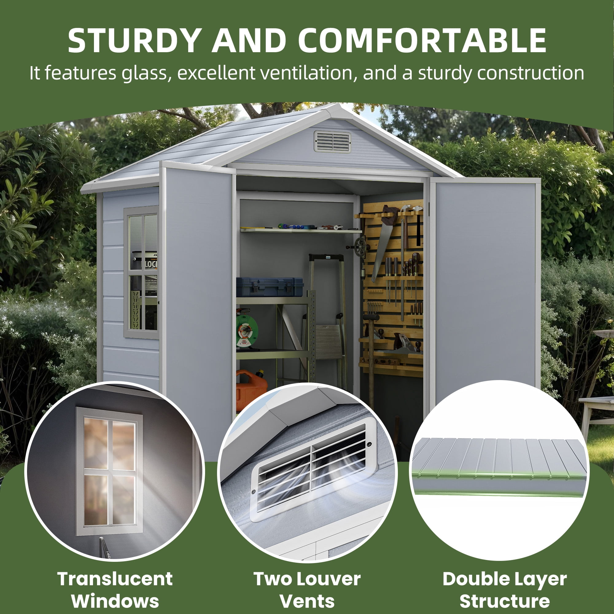 Craftian Resin Outdoor Storage Shed,6.2x3.4ft Plastic Outdoor Shed with Secure Floor Lockable Door Garage Patio Garden Storage Shed