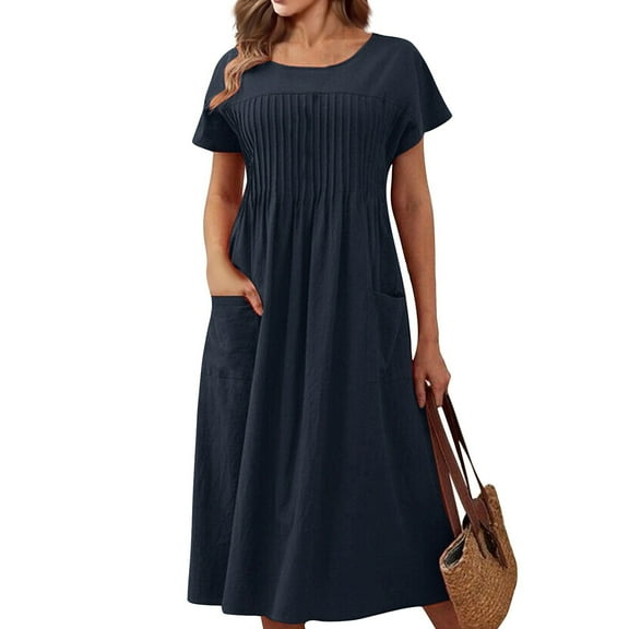 Womens Crew Neck Long Sleeve Spring Fall Dresses,Women's Fashion Solid Color Round Neck Pocket Pleated Short Sleeve Cotton And Linen Dress Navy