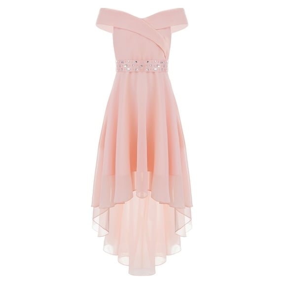 iiniim Girls Off Shoulder Evening Gown High Low Hem Wedding Party Flower Girls Dresses with Belt