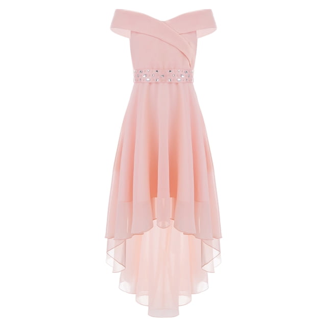Xnihocha Girls Off Shoulder Formal Dress High Low Hem Wedding Party Flower Girl Dress with Rhinestone Belt Pink 14