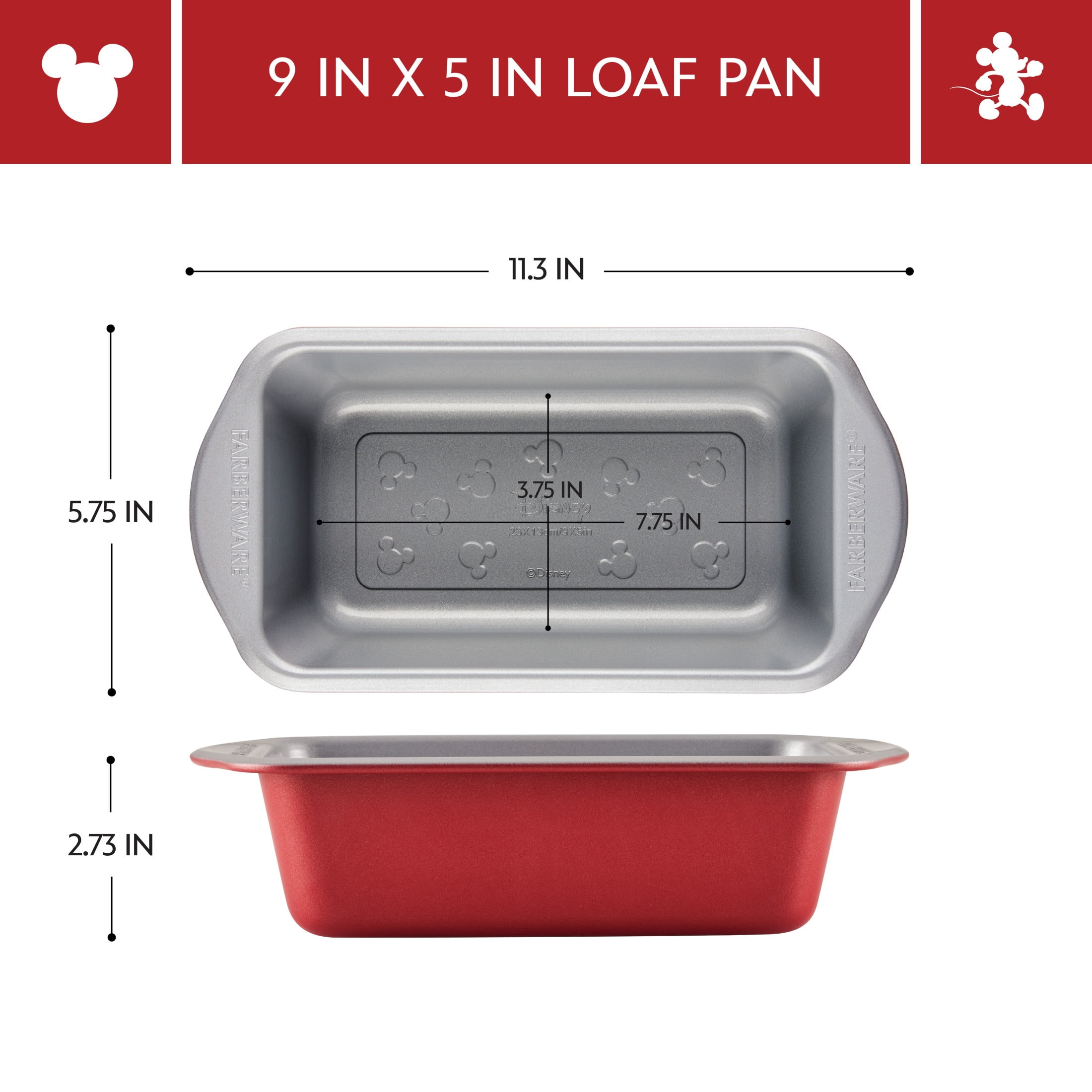 Farberware Disney Bake with Mickey Mouse 9x5 Inch Nonstick Loaf Pan, Dishwasher Safe and Oven Safe to 450°F, Red