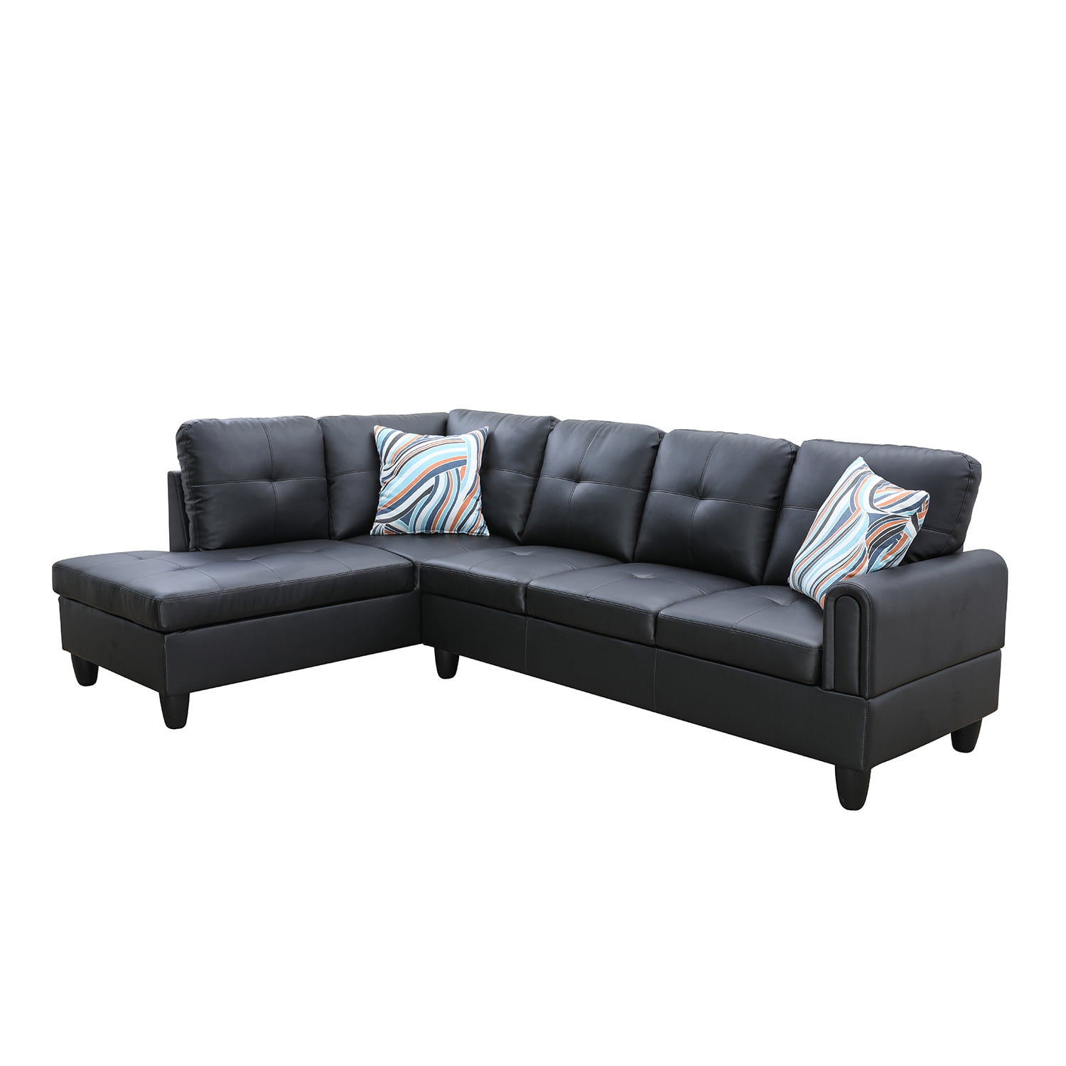 Hommoo Faux Leather 3-Piece Couch Living Room Sofa Set, L Shaped Couch for Small Space, Black(Without Ottoman)