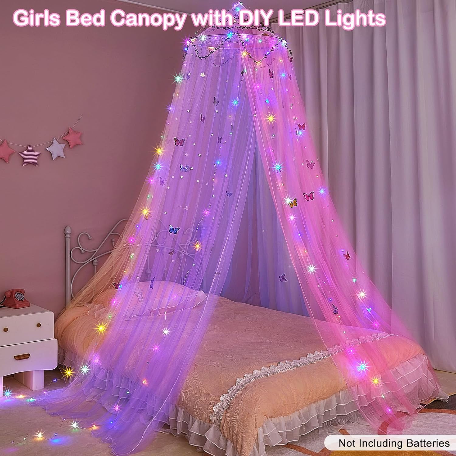 CAILDANL Bed Canopy for Girls Room Bed Canopy Curtains with Led Lights Mosquito Net DIY Princess Room Décor with Stars Butterflies for Kids Bedroom, Hot Pink