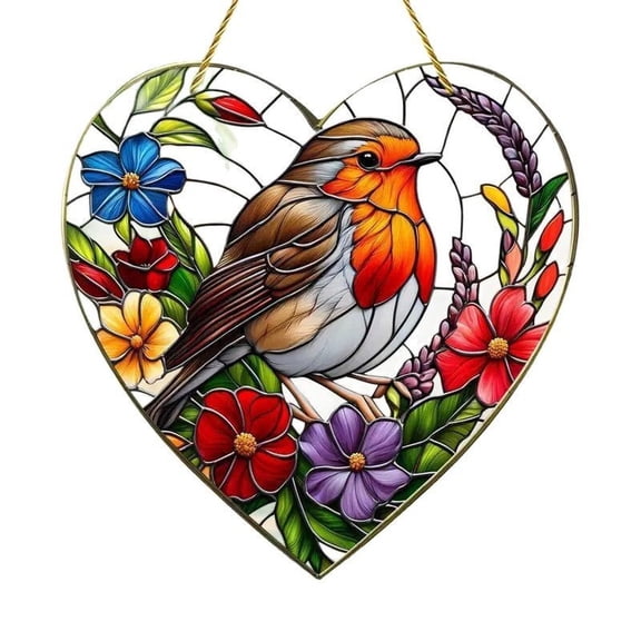 Yttmshdga 8x8 Large Heart Shaped Bird Garden Sun Catchers With Stained Glass Effect Sun Catchers For Window Window Hanging Ornaments For Outdoor Garden Decor Bird Lover Present Household Pendant