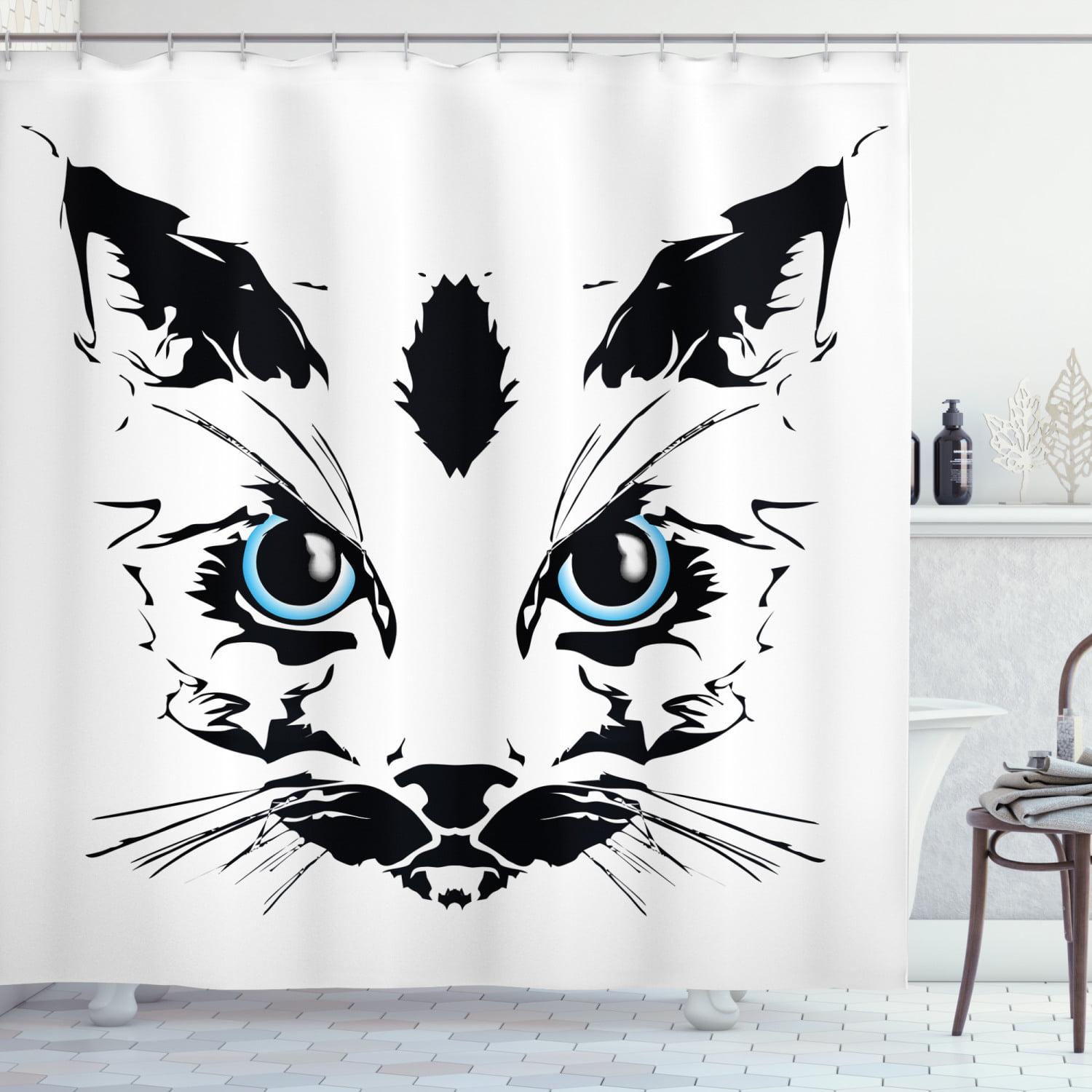 Lovely Kitty Cat Face Shower Curtain Waterproof Bath Decor with 12 Hooks 