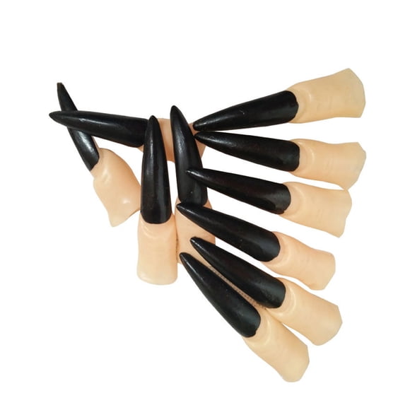 Injueey 10 Uds. De uñas de dedo de fantasmas de goma, uñas postizas largas para un aspecto espeluznante de Halloween, duraderas y usadas Kits de decoración para fiestas Clavo negro (8*2 cm)