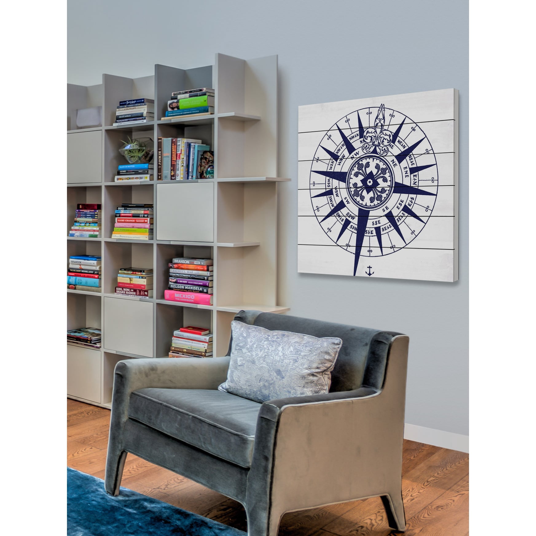 "Blue Compass" Painting Print on White Wood