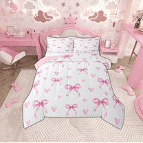 Manfei Lovely Girls Bowknot Bedding Comforter Set,Cartoon Heart Pattern Twin Comforter Sets,Pink White Bedding Set For Kids,Luxury Bedroom Decor Reversible,2-Piece