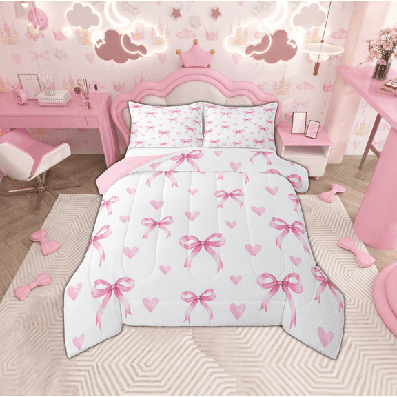 Manfei Lovely Girls Bowknot Bedding Comforter Set,Cartoon Heart Pattern Twin Comforter Sets,Pink White Bedding Set For Kids,Luxury Bedroom Decor Reversible,2-Piece