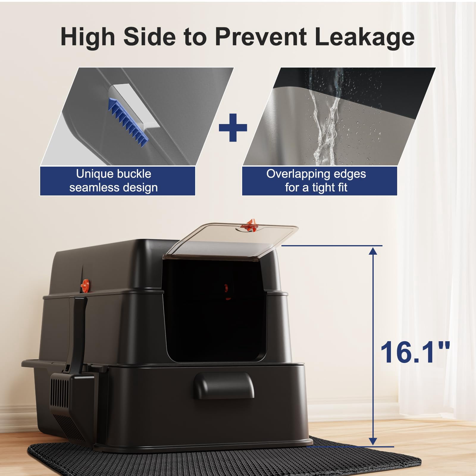 Black Stainless Steel XL Cat Litter Box With Lid, Drawer Enclosed Design For Big Cats