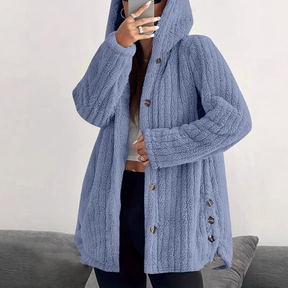 Womens Fleece Jacket 2025 Winter Oversized Fuzzy Hooded Coat Button Cardigan Sweaters Outerwear With Pockets