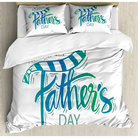 Father's Day Duvet Cover Set Queen Size, Funky Lettering in Color Transitions on a Plain Background, Decorative 3 Piece Bedding Set with 2 Pillow Shams, Sea Blue Teal Jade Green White, by Ambesonne