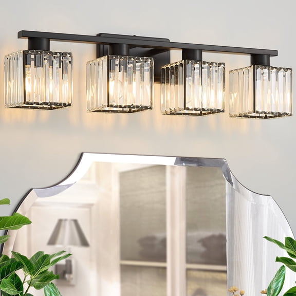 Deyidn Modern Bathroom Vanity Light 4-Lights Modern Black Brushed Brass Finish Crystal Bathroom Wall Light Bathroom Vanity Light Fixtures