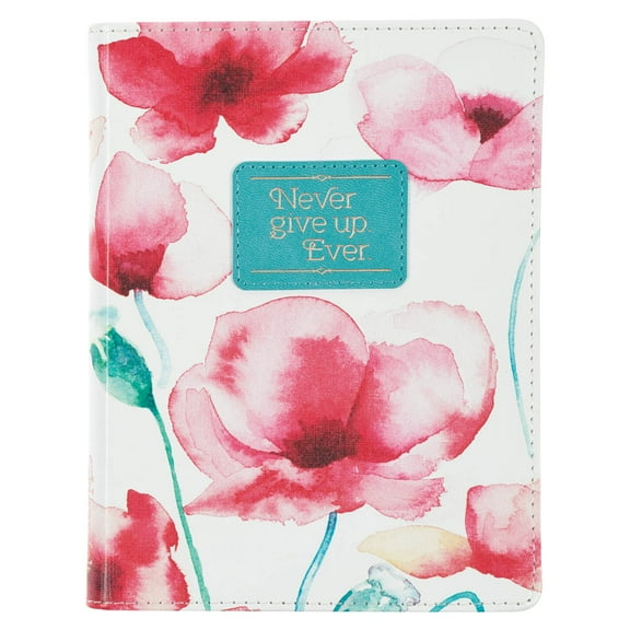 Heartfelt Inspirational Compact Journal Notebook for Women Never Give Up Coral Poppies, 240 Lined Pages, Faux Leather, 7.2" x 5.4"