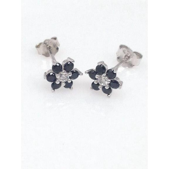 Divine Creation 1.35 Ct Round Cut Black Diamond Flower Push Back Womens Stud Earrings 14K White Gold Plated 925 Sterling Silver