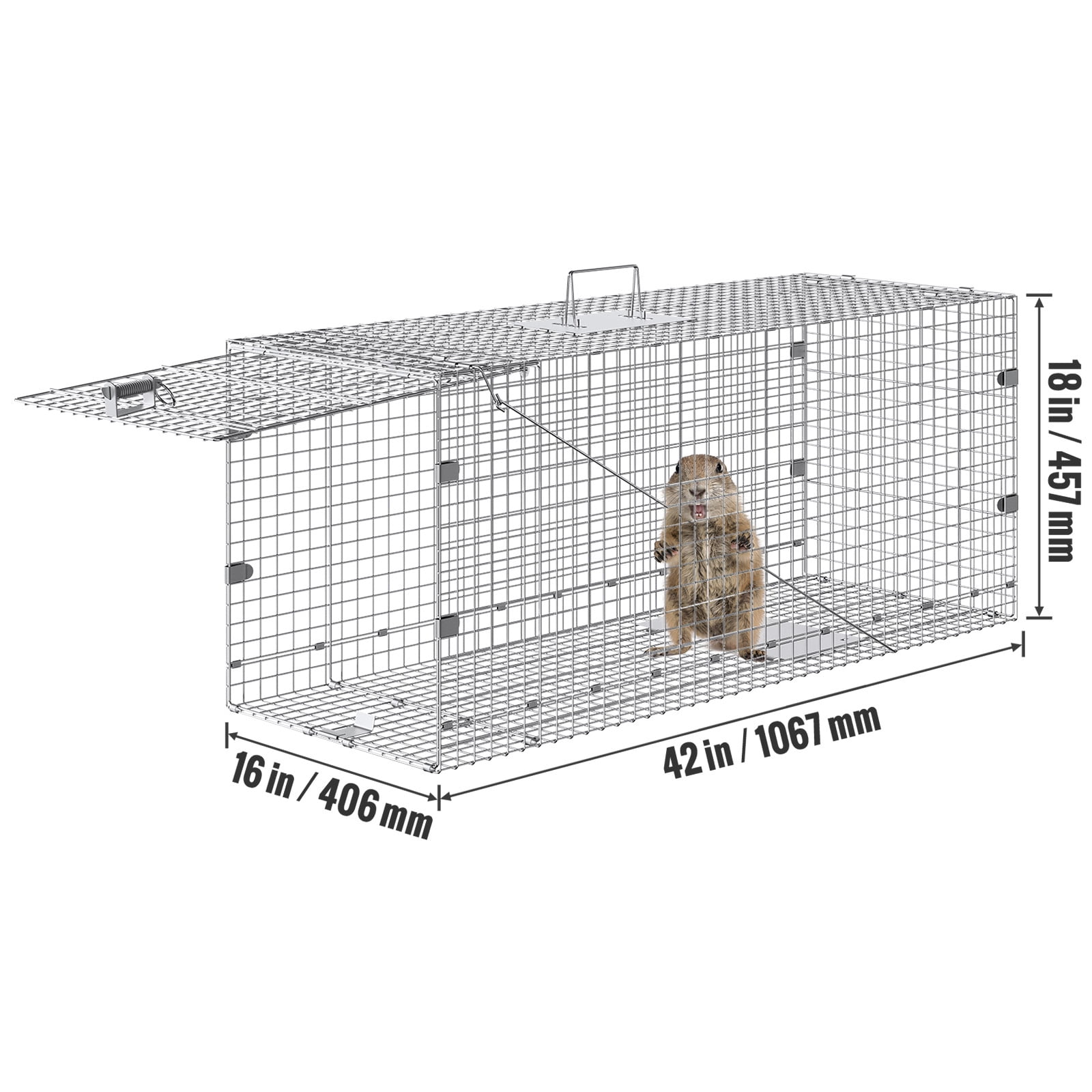 KFFKFF Humane Animal Trap 42" x 16" x 18", Foldable Cage with Carrying Handle for Capturing Stray Dogs, Cats, Raccoons & More
