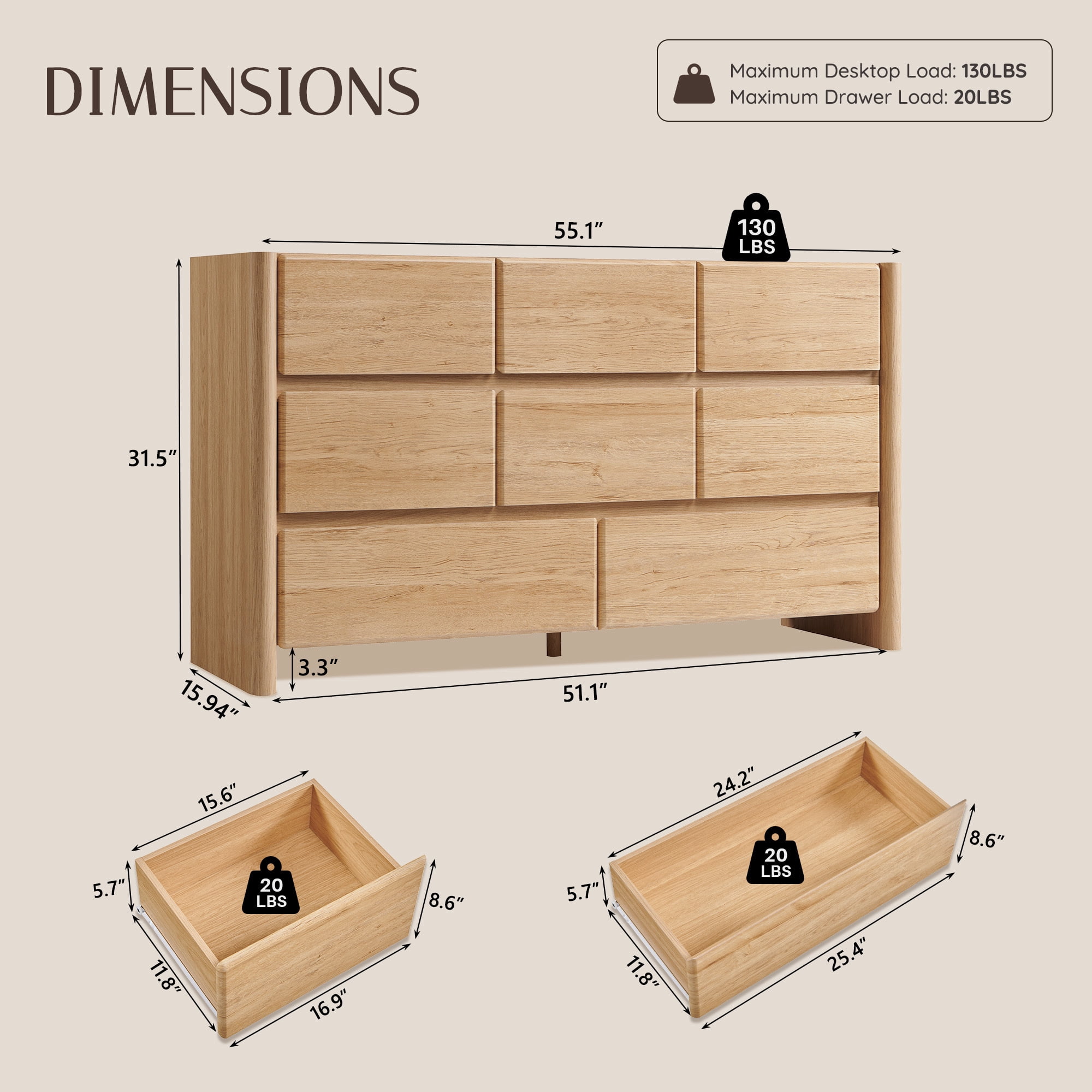 wow97e Modern 8 Drawers Dresser for Bedroom, 55" Wide Natural Wood Chest of Drawers w/Rounded Corner & Handless Design for Living Room