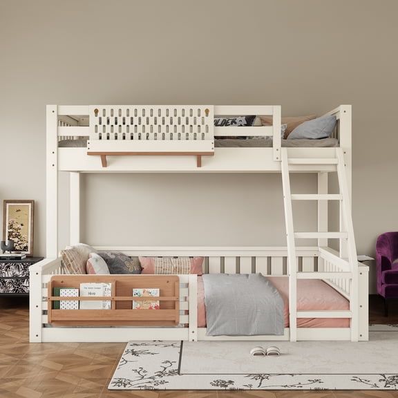 Jopath Twin XL over Queen Bunk Bed with Ladder and Guardrails, Pegboard and bookshelf, Beige