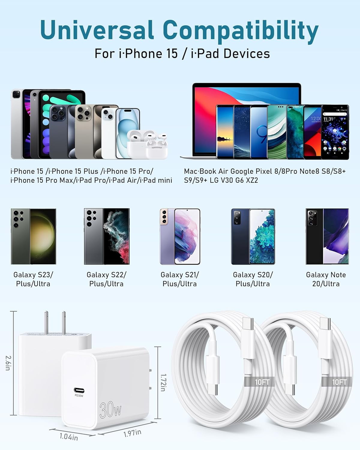 For Google Pixel Charger, 2Pack 30W USB C Fast Charger Block with 10FT USB C to C Cable for Google Pixel 9 Pro/9/8 Pro/8/7/7Pro/6/6 Pro/6A/5/4/3/2/XL, Galaxy, Android, MacBook Air 13/12 inch M1/M2