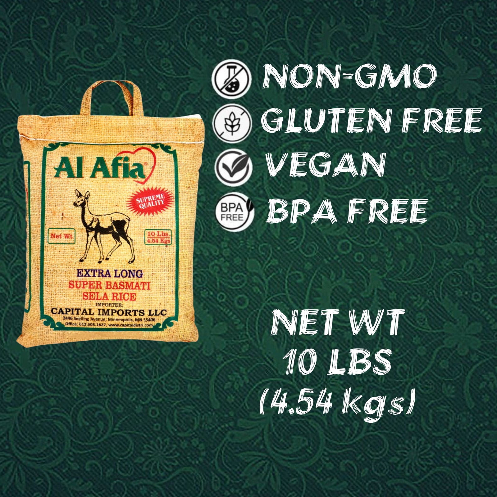 Al Afia Basmati Sela Rice Supreme Quality Extra Long , 10 lb (4.54 kg), Non GMO, Extra Long Basmati Rice, Vegan, Gluten Free, BPA Free, Zip Lock Bag, Dried Grains, Fresh White Rice