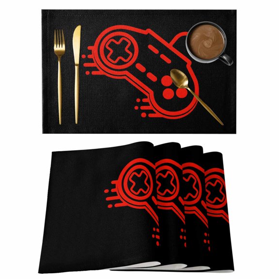Red Game Controller Placemats Set of 4, Modern Art Gaming Handheld Black Placemats for Dining Table, Place Mats for Kitchen Tabletop, Waterproof Wipeable Dining Table Mats Set