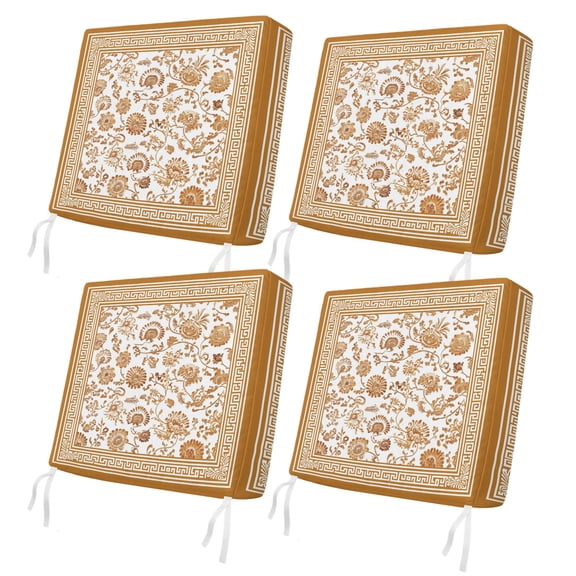 Bohemian 4 Pcs Patio Cushion Covers, Farmhouse Yellow Flowers Vines Traditional Border Waterproof Outdoor Cushion Cover, Replacement Washable Sofa Chair Seat Cover with Zipper 20"x18"x4"