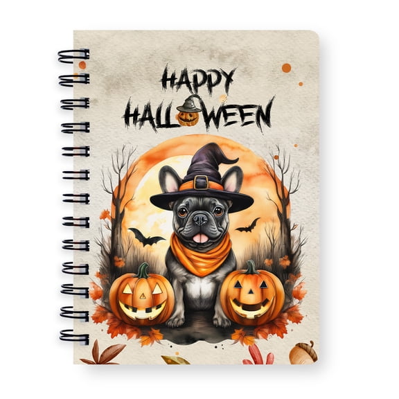 Happy Halloween French Bulldog Witches Hat Pumpkin Carving Spiral Bound Journal Dog Lover Gifts 5x7in Spiral Notebook - 02019