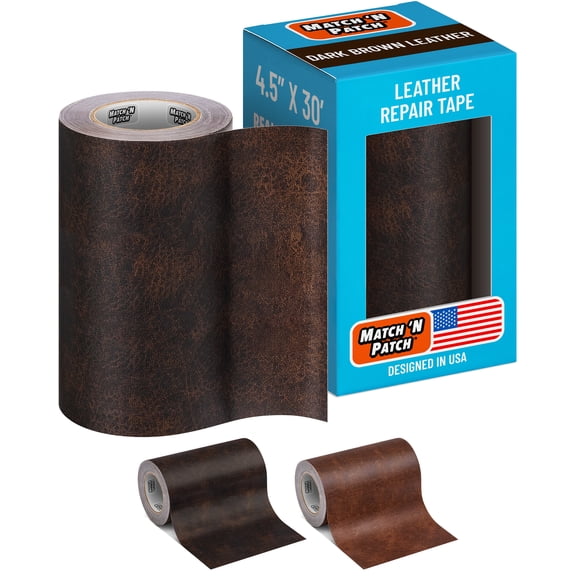 MATCH 'N PATCH Leather Repair Tape - Dark Brown (4.50 inch x 30 feet) - Realistic Leather Patches for Couch, Sofa, Upholstery, Car Seats & Other Furniture, Vinyl Repair Kit, Self Adhesive Patch